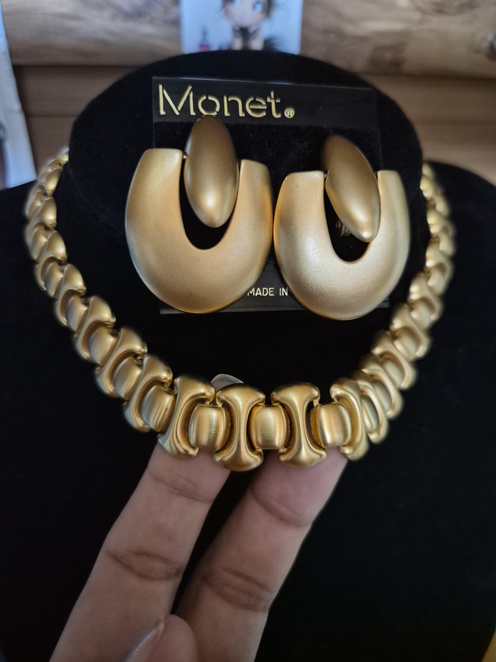 Monet Gold Matte Statement Necklace and Clip-On Earrings Set